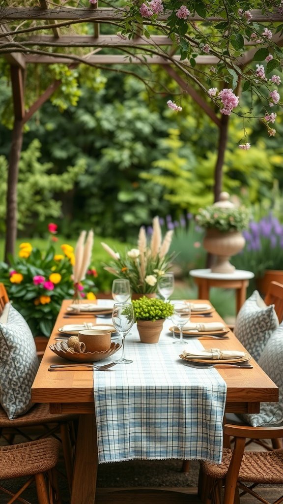 Outdoor table setting with flowers and a checkered tablecloth