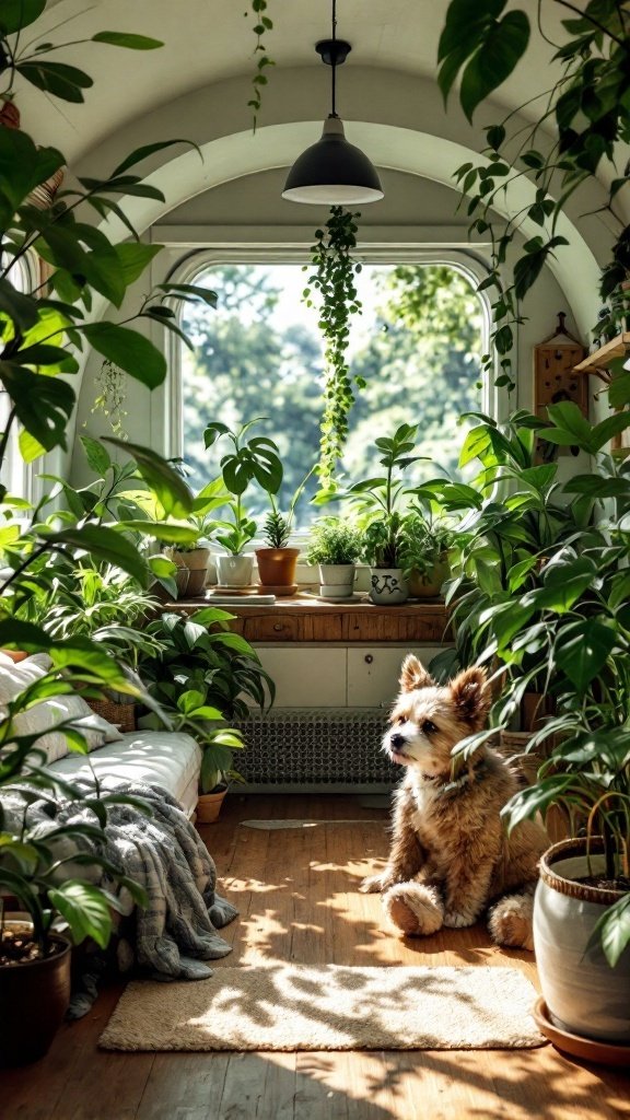 Cozy camper interior filled with plants, a sunny window, and a dog.