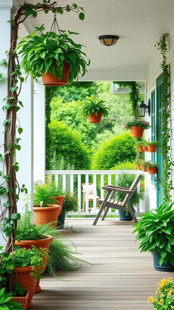 A charming farmhouse front porch adorned with lush greenery and hanging plants.