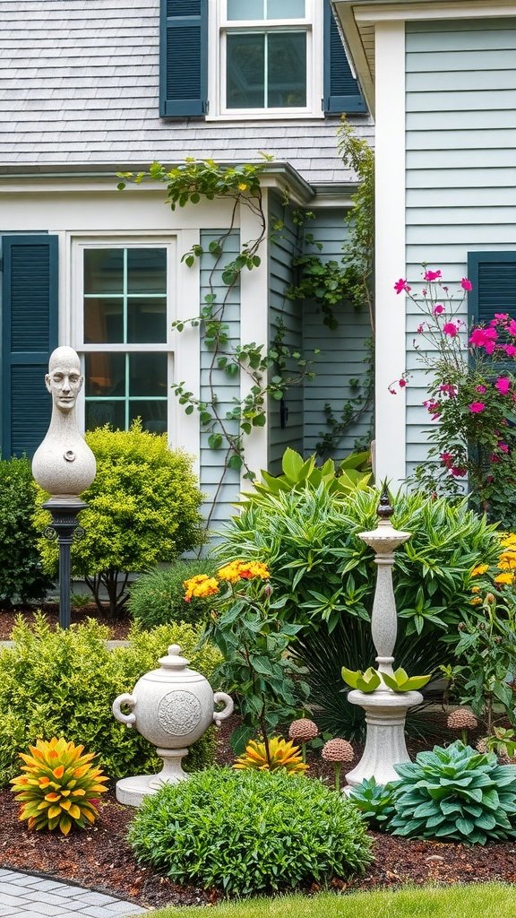 A landscaped garden featuring outdoor art, including sculptures and vibrant plants, enhancing the elegance of a Cape Cod house.