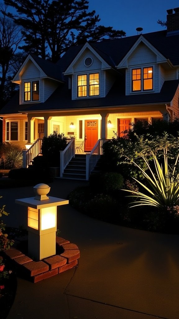 A beautifully lit Cape Cod house at night with warm outdoor lighting