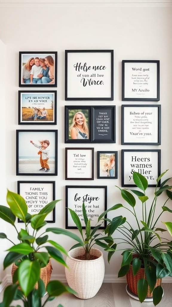 A collage of framed photos and inspirational quotes on a wall, surrounded by green plants.