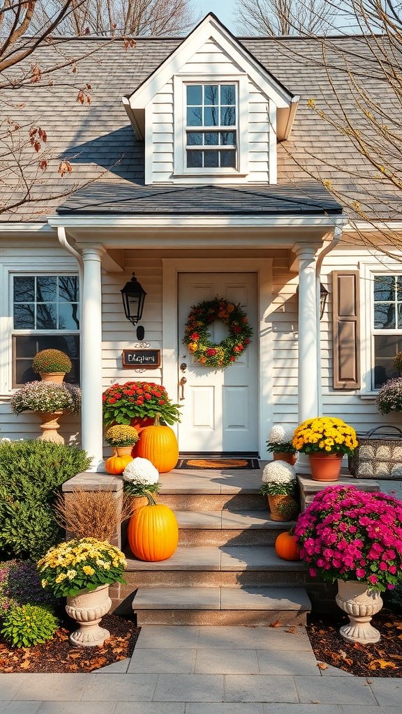 A beautifully decorated Cape Cod house entrance with pumpkins and colorful flowers for fall.