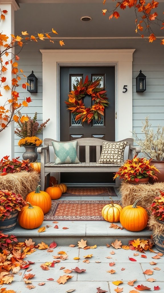 A beautifully decorated porch for fall featuring pumpkins, autumn leaves, a wreath, and cozy seating.