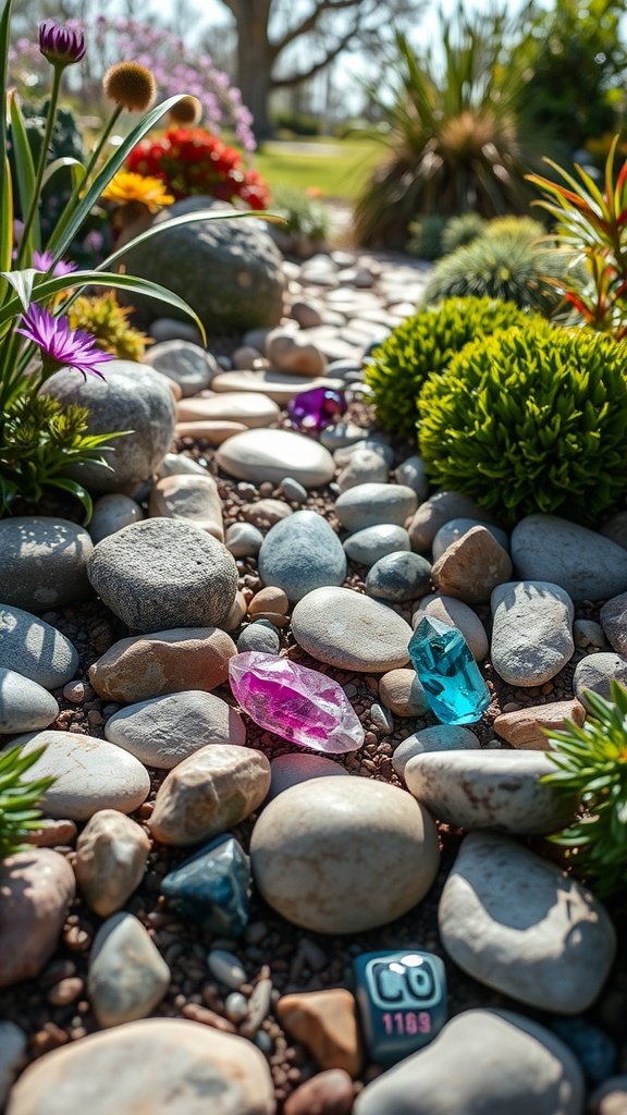 Colorful crystals among smooth stones in a garden path