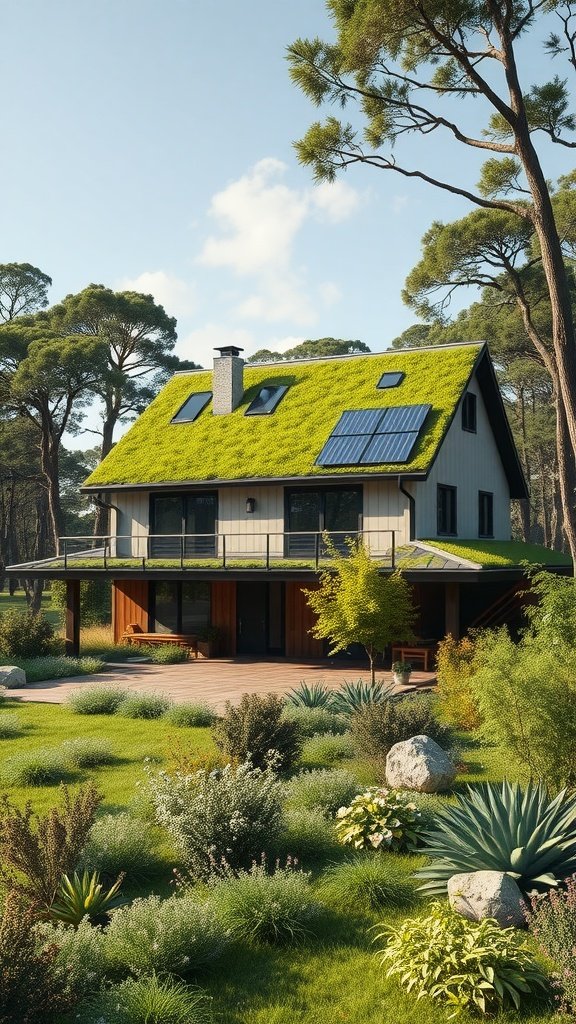 A beautiful house with a green roof and solar panels, surrounded by lush landscaping.