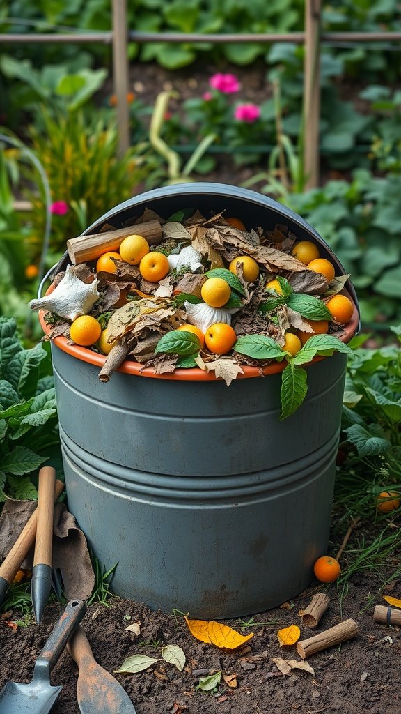 A compost bin filled with organic waste such as leaves and citrus peels, surrounded by gardening tools.
