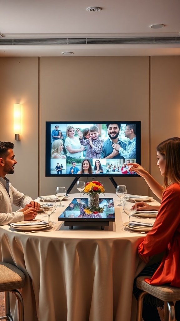 A table setting with a digital display showing photos of guests, creating an engaging atmosphere for a reunion.
