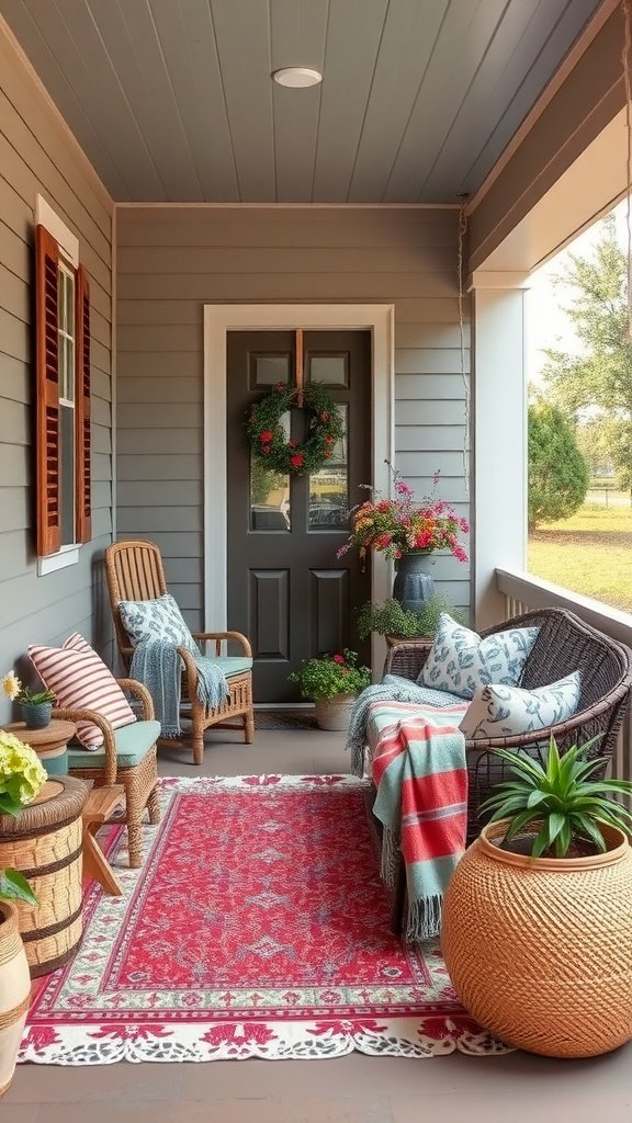 Cozy farmhouse front porch with textiles, including throws and cushions.