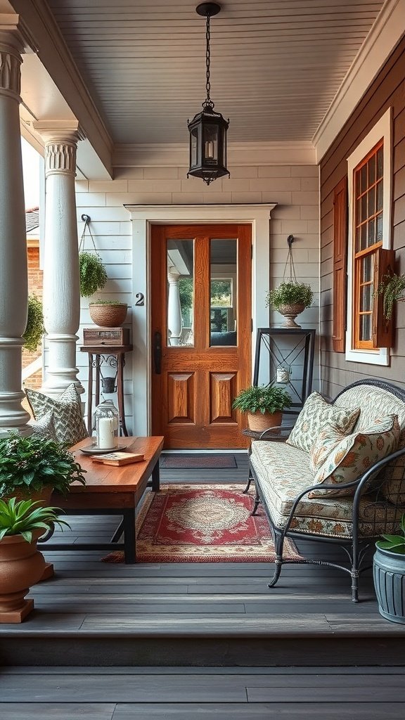 Small front porch with a loveseat, table, plants, and decorative elements
