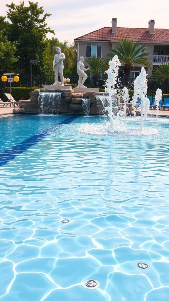A beautiful pool with decorative statues and waterfalls, surrounded by palm trees.