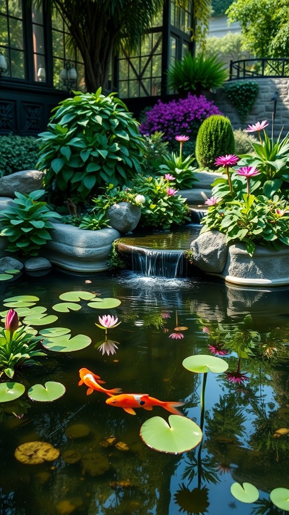 A serene garden pond with lily pads and koi fish, surrounded by colorful flowers and rocks.