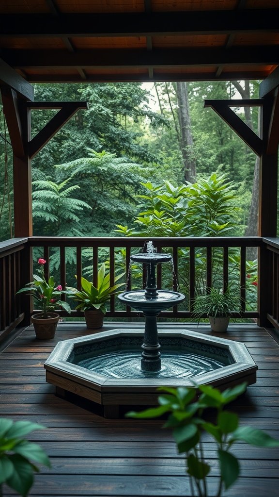 A deck with a charming fountain at the center, surrounded by lush greenery and plants.