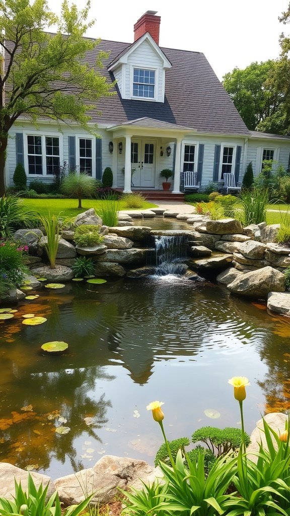 A beautiful Cape Cod house with a pond and water feature surrounded by lush greenery and flowers.