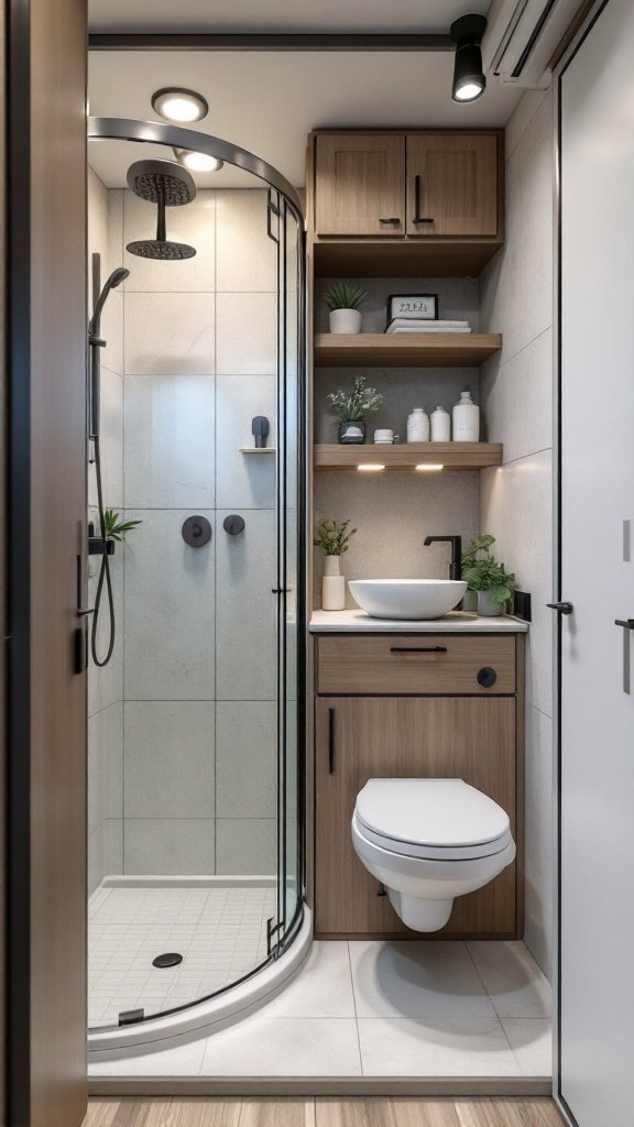 A small camper bathroom featuring a glass shower, wooden cabinets, and modern fixtures.