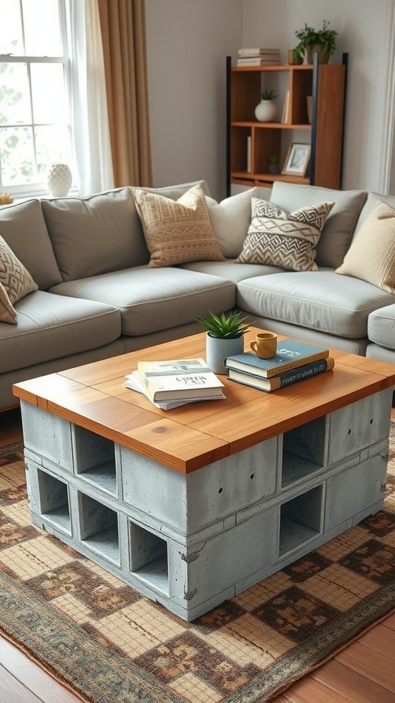 Innovative cinder block coffee table with wooden top, surrounded by a cozy living room setting.