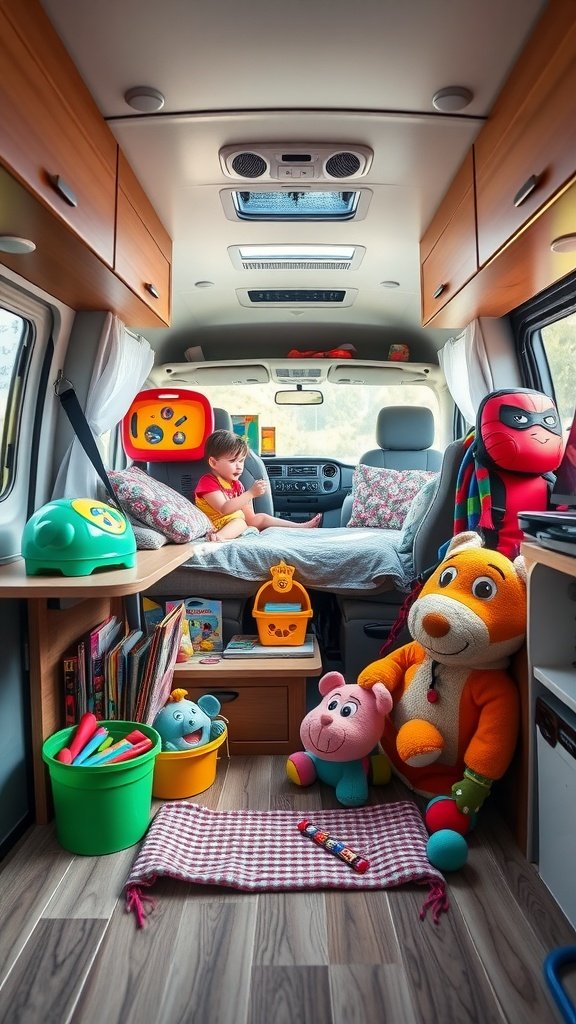 A child playing in a colorful RV filled with toys, books, and organized storage.