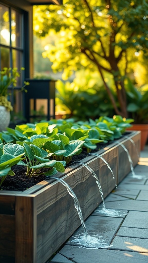Raised garden bed with water flowing from the side, showcasing innovative irrigation