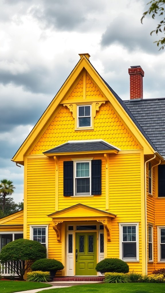 A charming yellow cape cod house with a pointed gable roof and decorative eaves.