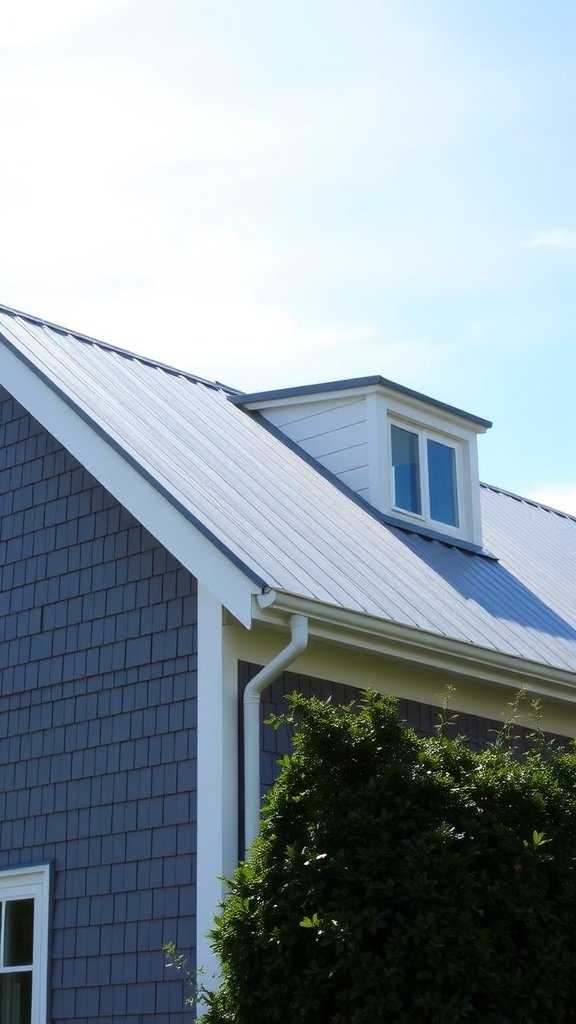 A modern Cape Cod house roof design without dormers, featuring a combination of metal roofing and gray shingles.