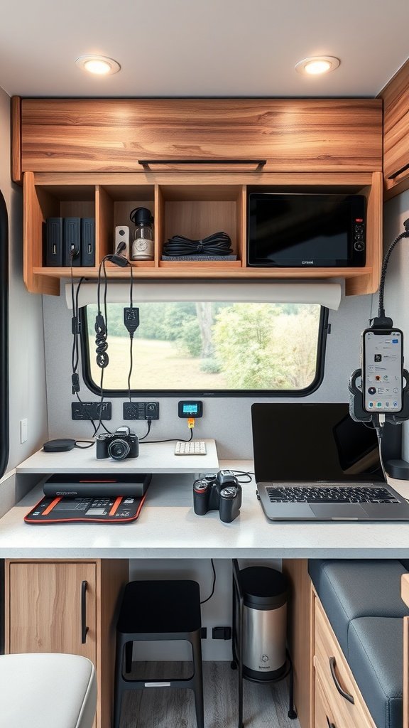 A stylish camper workspace featuring organized storage for electronics, including a laptop, camera, and chargers.