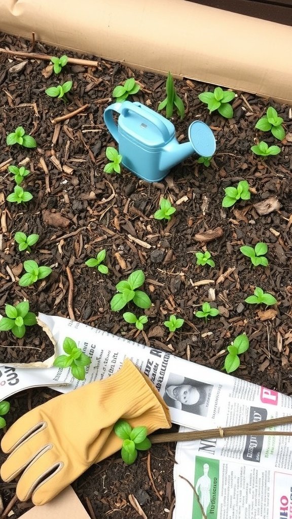 A garden bed with small green plants, a blue watering can, and brown mulch made from newspaper.