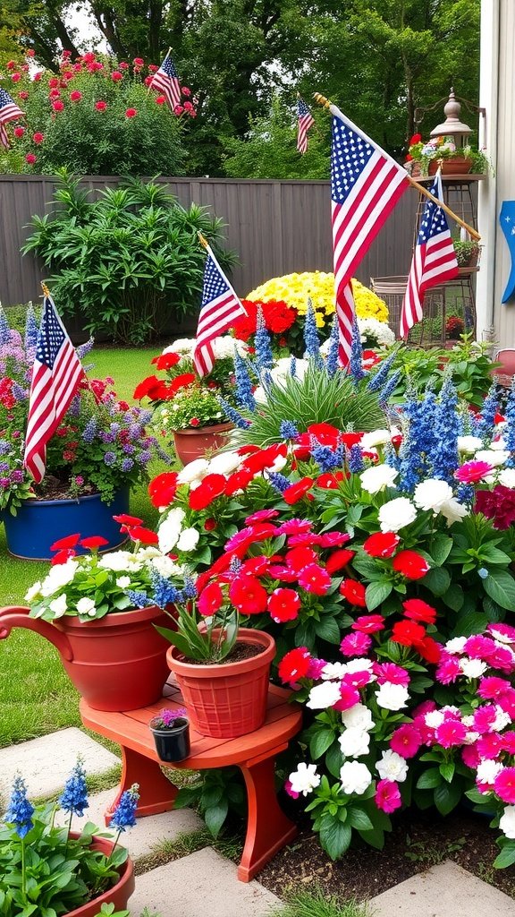 A vibrant garden decorated with red, white, and blue flowers and small American flags, perfect for 4th of July.