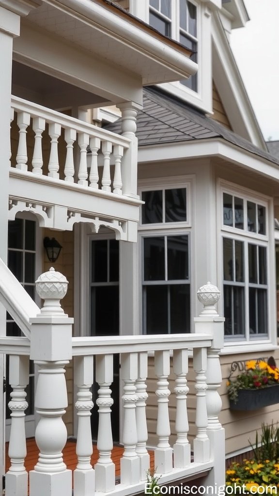 A close-up view of a white railing and porch detailing on a Cape Cod style house.