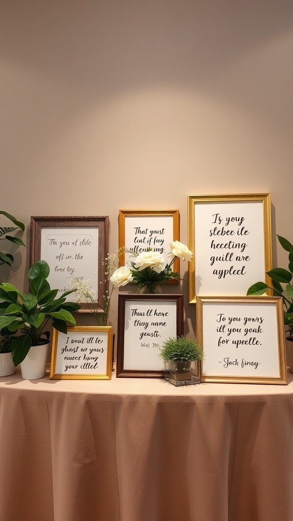 A senior table display with inspiring quotes framed in beautiful designs, surrounded by plants and flowers.