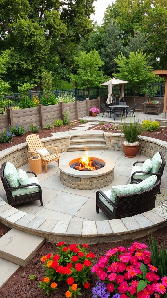 A beautifully designed fire pit area with seating, colorful flowers, and surrounding greenery.