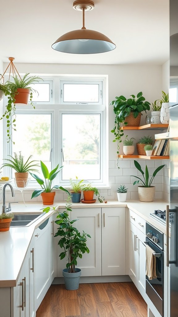 A mid-century modern kitchen featuring various indoor plants.