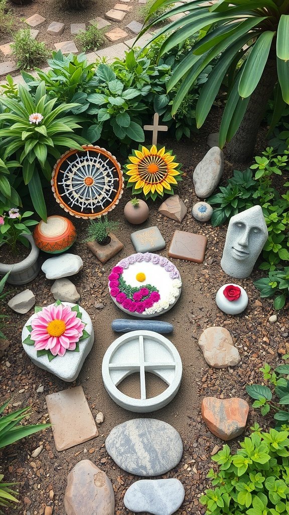 A spiritual garden arrangement featuring flowers, stones, and symbols like a peace sign and a cross.