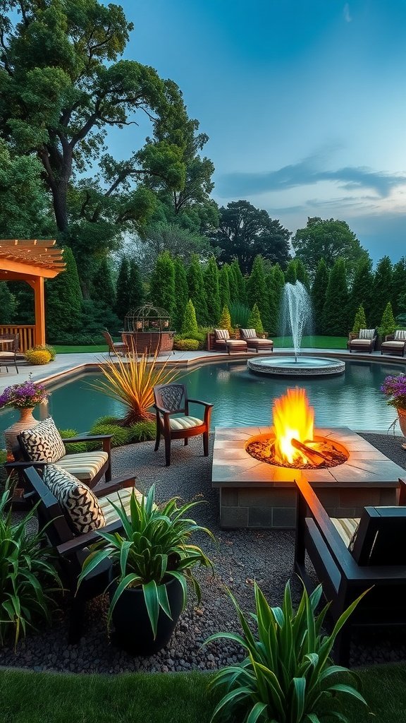 A fire pit surrounded by plants and a pool with a fountain, showcasing a harmonious outdoor landscape.