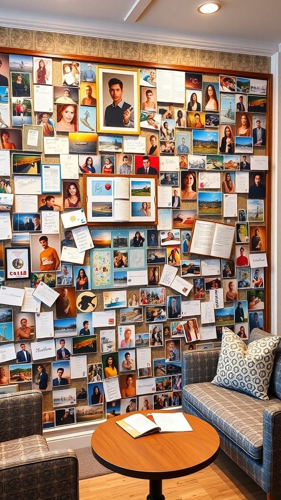 A vibrant photo wall filled with portraits, scenic images, and handwritten notes, engaging viewers and inviting interaction.