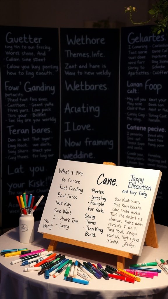 Interactive guest book display with colorful markers and prompts for guests to write memories.