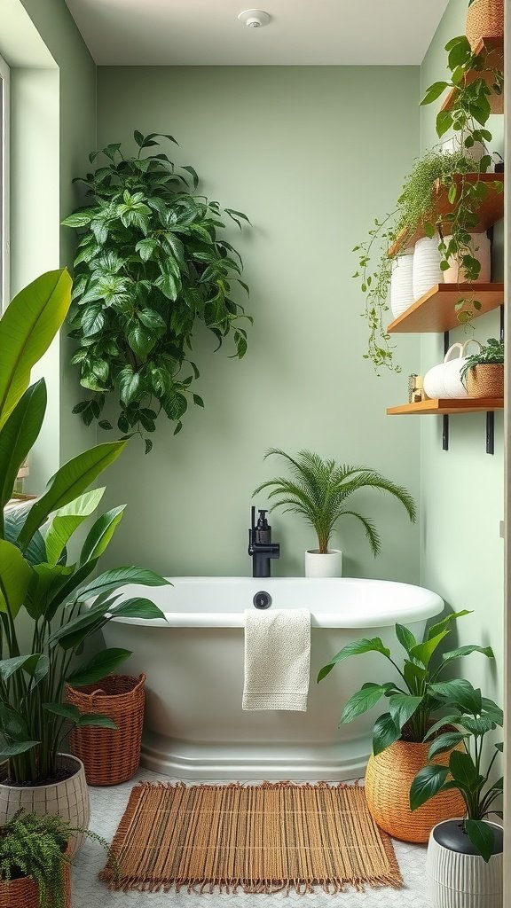 A small bathroom with soft green walls and various plants around a white bathtub.