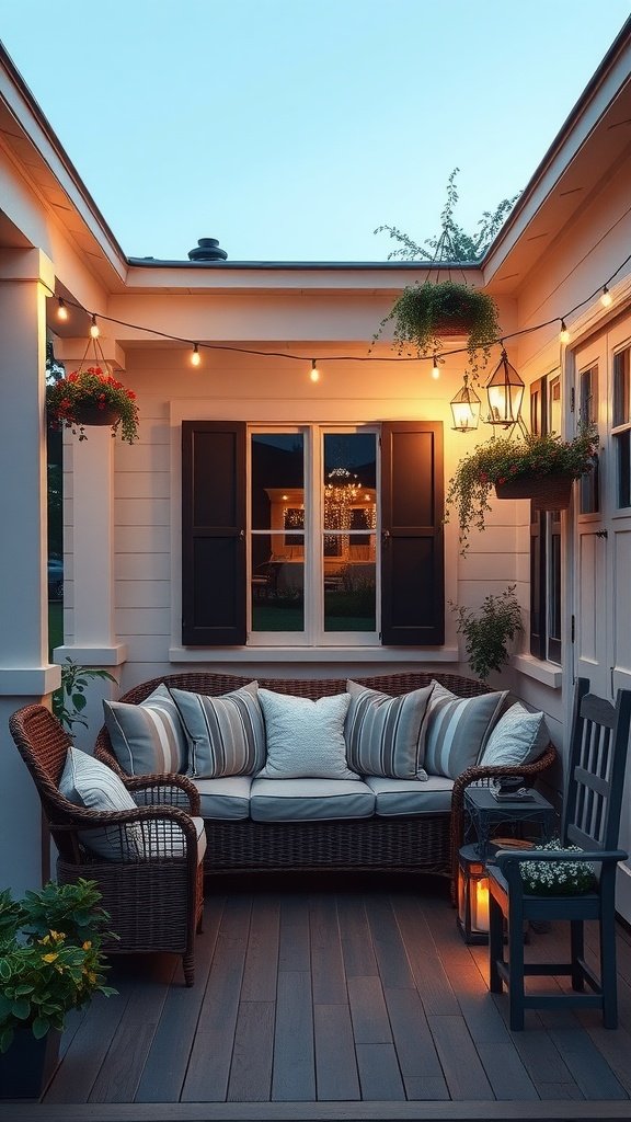 A cozy farmhouse front porch with comfortable seating and warm lighting.
