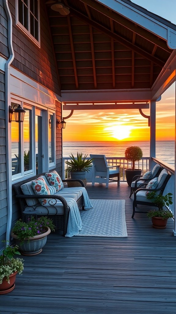 A cozy deck at sunset with comfortable seating and plants, showcasing a beautiful outdoor living space.