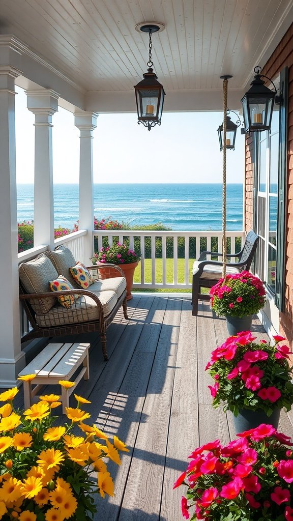 A beautiful Cape Cod porch with ocean views, colorful flowers, and cozy seating.