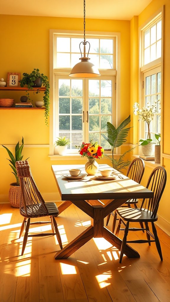 A bright dining room with soft yellow walls, a wooden table, and sunlight streaming through the windows.