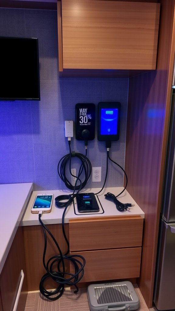 Organized RV electronics charging station with devices and neatly arranged cables.