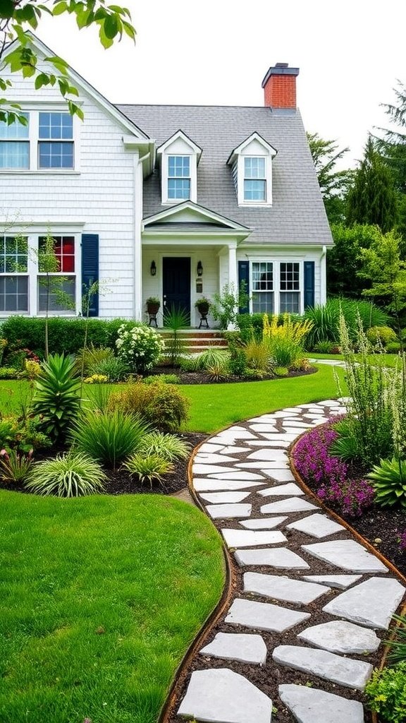 A beautiful cape cod house exterior with a stone pathway and vibrant landscaping.
