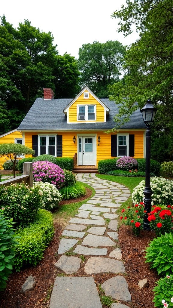 A charming yellow cape cod house with a stone pathway and vibrant landscaping.