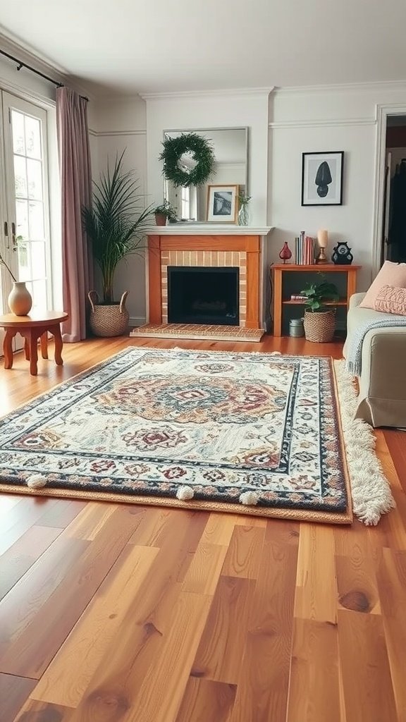 A cozy living room with layered rugs on wooden flooring, featuring a patterned rug and a fluffy smaller rug.