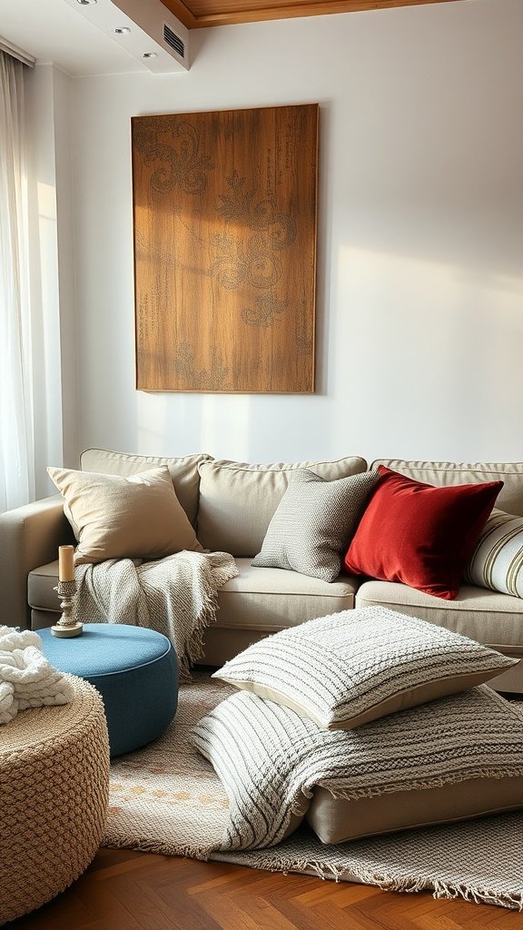 Cozy living room with layered textures, featuring a beige couch, colorful pillows, and various fabrics.