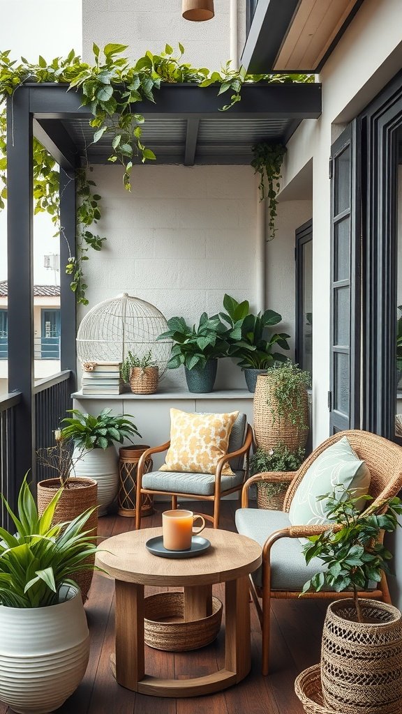 A cozy small balcony featuring various plants, a wooden table, and comfortable seating.