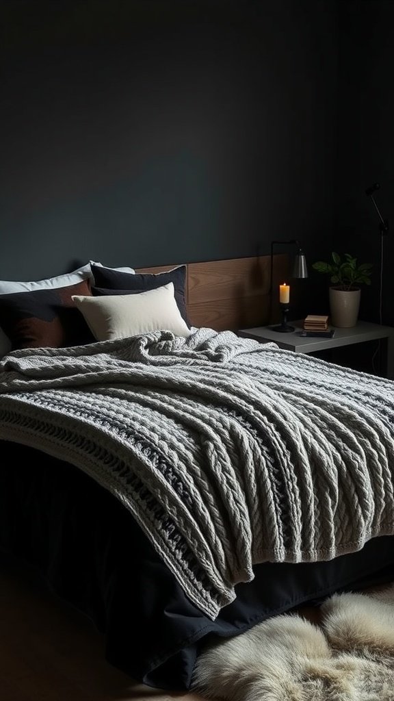 A cozy dark nature aesthetic bedroom featuring a knitted blanket, dark walls, and a plant.