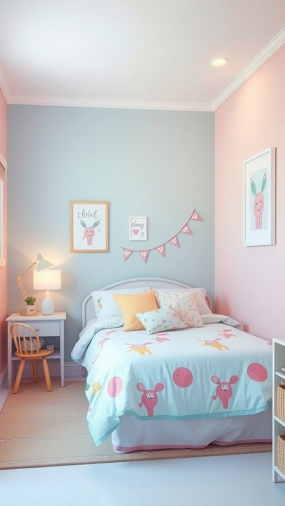 A small bedroom featuring light pastel colors with playful bedding and decor.