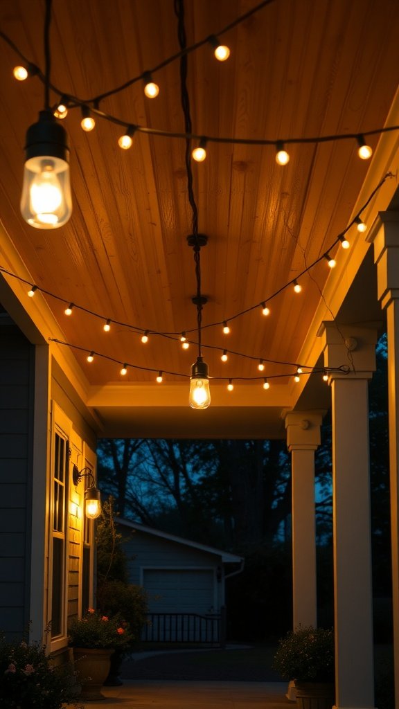 Chic farmhouse front porch lighting with string lights and vintage bulbs.
