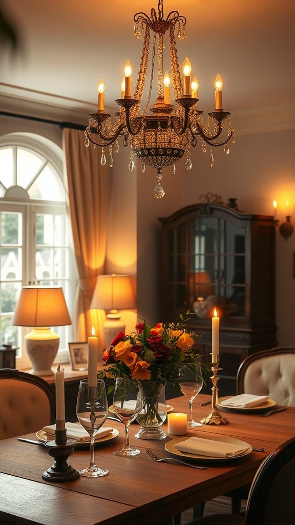 Elegant dining area with a chandelier, candles, and a floral centerpiece.